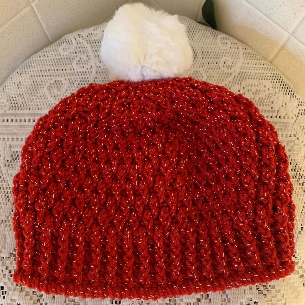 NEW! Festive Hand Crocheted Beanie Hat with pom pom Sparkle Winter Retro Tobogga
